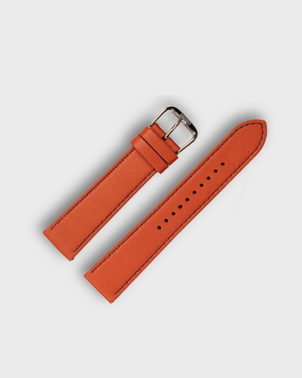 CARROT ORANGE__Orange colored napa leather watch strap in blue stitch 18mm, 19mm, 20mm, 21mm, 22mm