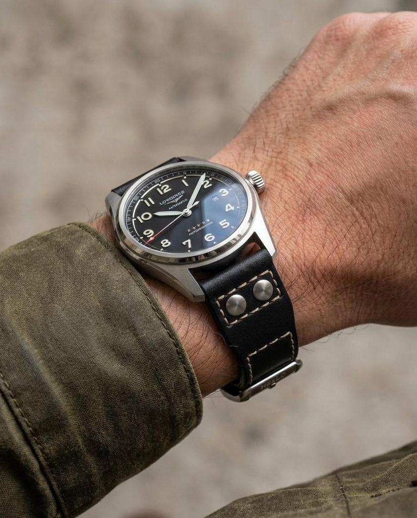ROLLING STONES (Mad Black)__Pilot Style Leather Watch Strap in Veg Tan Italian Leather Black colour 20mm & 22mm Size