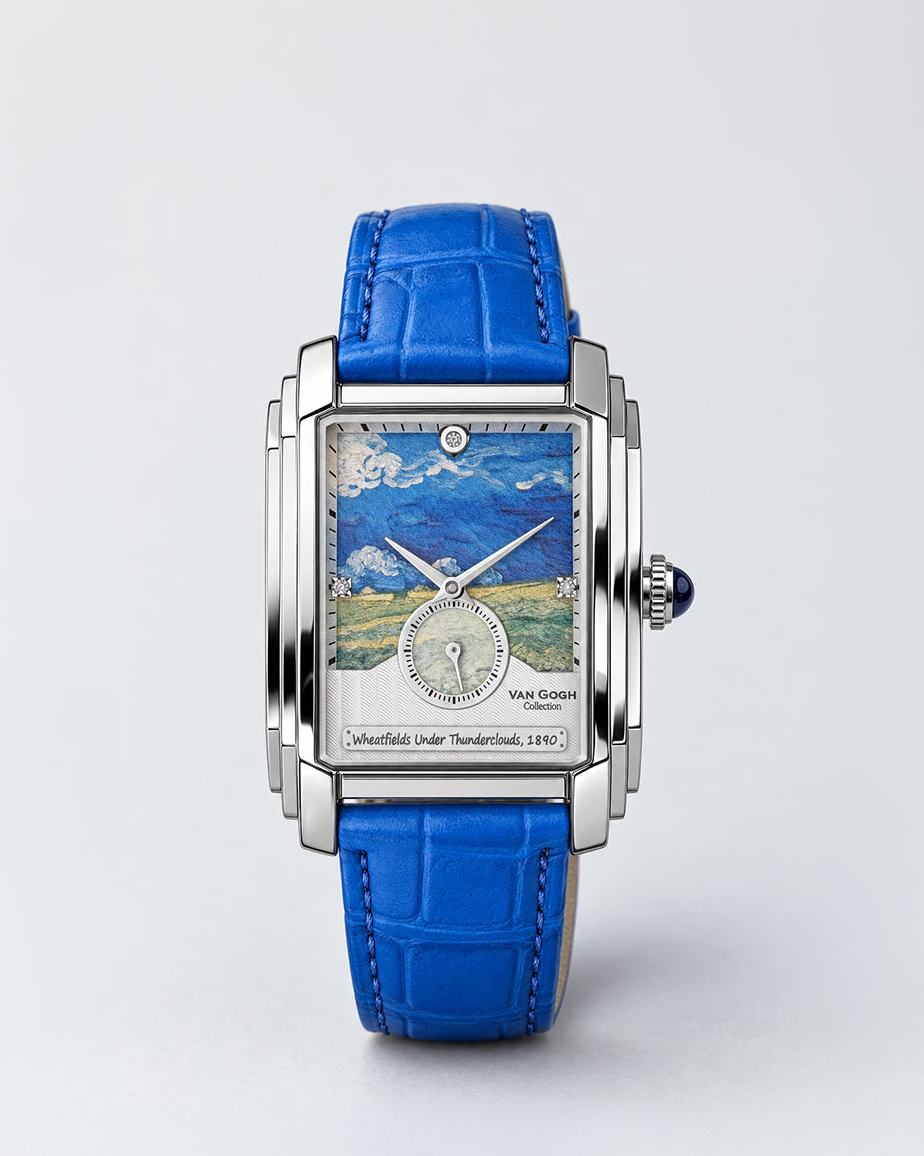 Wheatfields Under Thunderclouds watch by Muzeum of Dazzling Art, Van Gogh Collection, royal blue leather strap