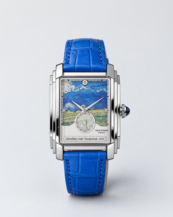 Wheatfields Under Thunderclouds watch by Muzeum of Dazzling Art, Van Gogh Collection, royal blue leather strap