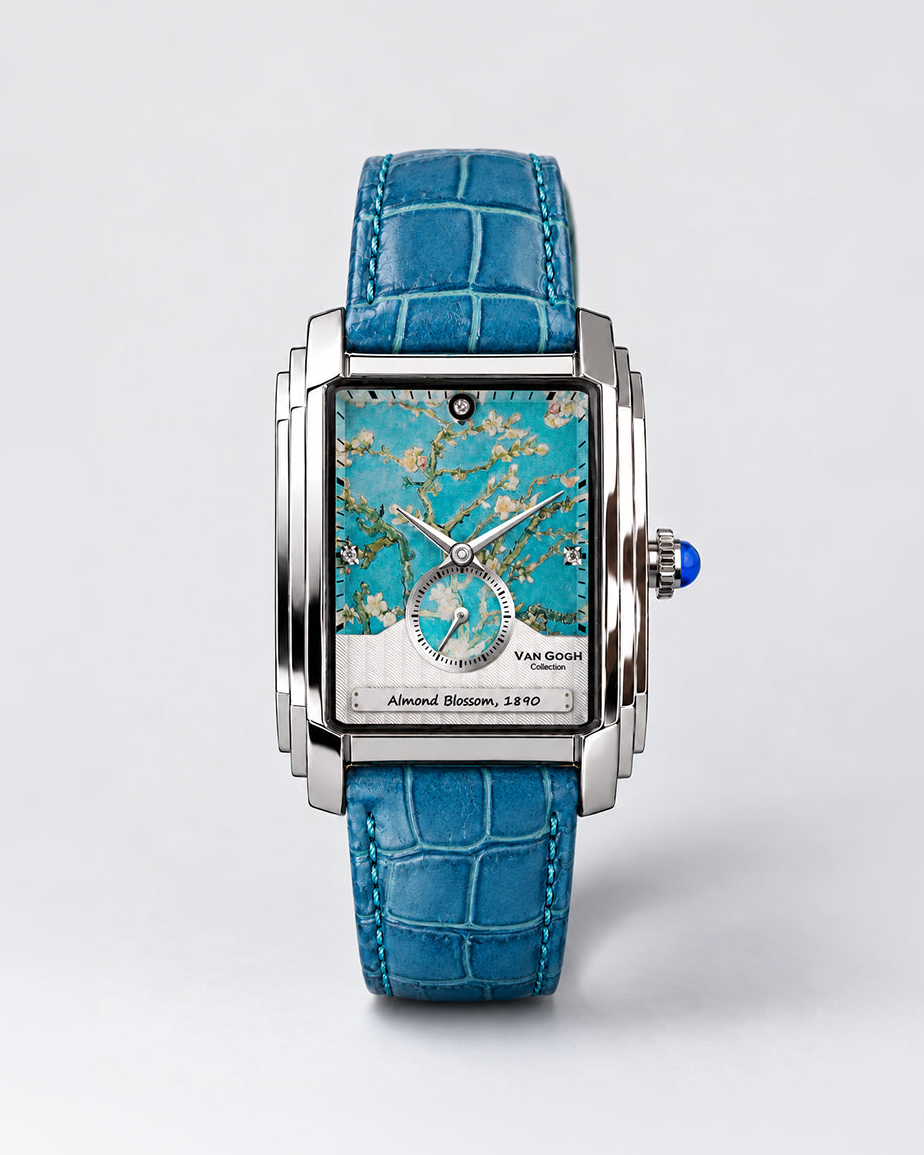 Almond Blossom watch by Muzeum of Dazzling Art, Van Gogh Collection, teal-blue leather strap
