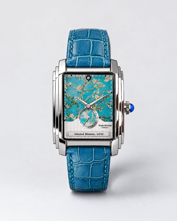 Almond Blossom watch by Muzeum of Dazzling Art, Van Gogh Collection, teal-blue leather strap
